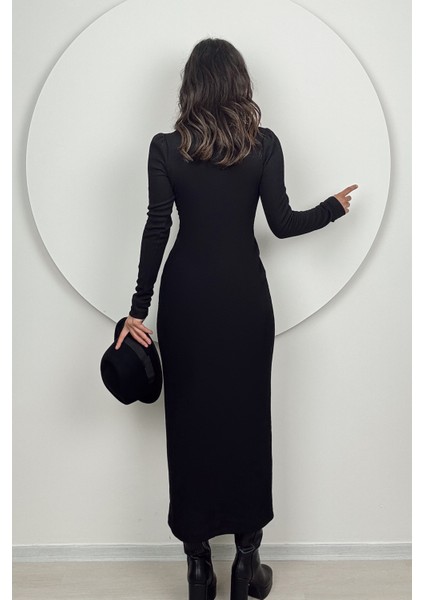 Mira Kadın Uzun Kollu V Yaka Düğmeli Siyah Slim Fit Triko Elbise fırsatları