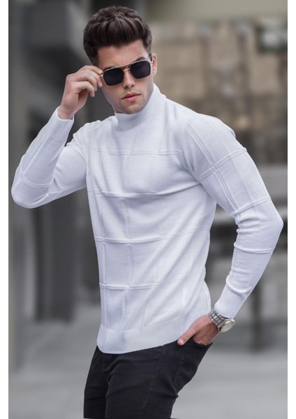 Ekru Balıkçı Yaka Triko Kazak Erkek Fitted Kesim Geometrik Desenli Uzun Kol