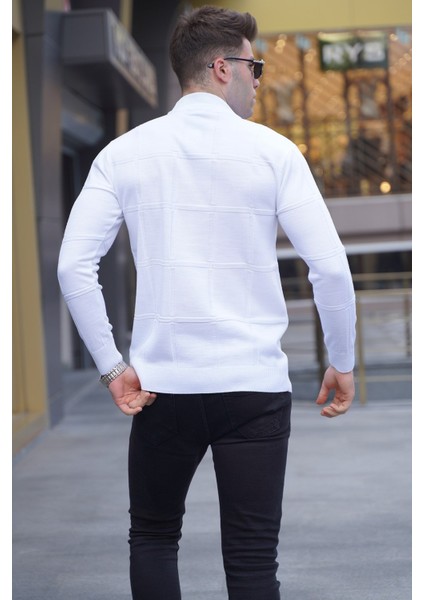 Ekru Balıkçı Yaka Triko Kazak Erkek Fitted Kesim Geometrik Desenli Uzun Kol fiyatları