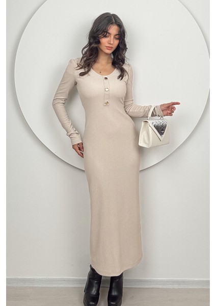 Mira Kadın Uzun Kollu V Yaka Düğmeli Taş Slim Fit Triko Elbise