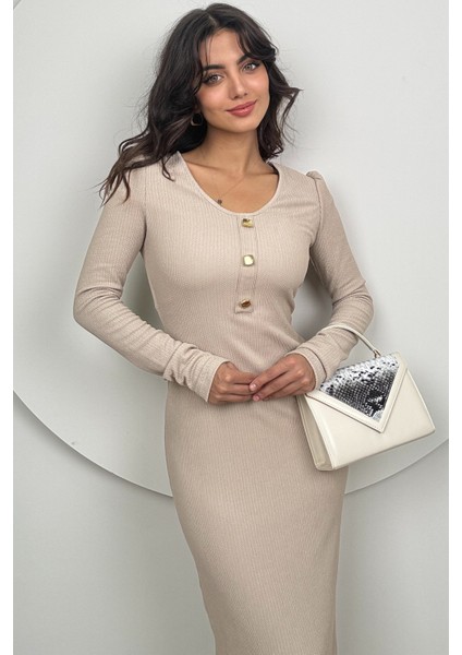 Mira Kadın Uzun Kollu V Yaka Düğmeli Taş Slim Fit Triko Elbise fiyatları