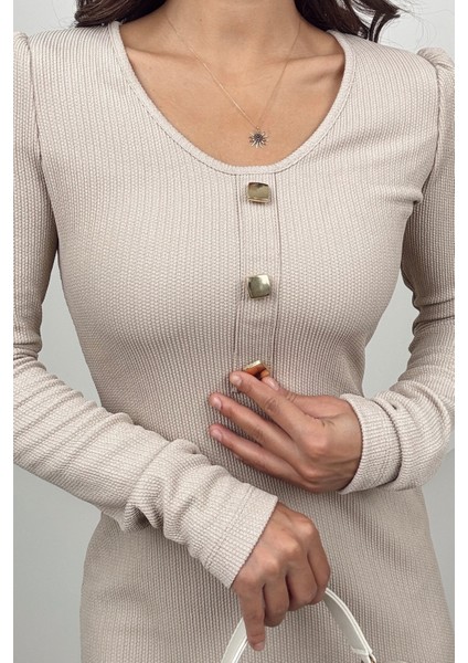 Mira Kadın Uzun Kollu V Yaka Düğmeli Taş Slim Fit Triko Elbise modelleri