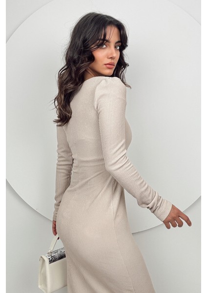 Mira Kadın Uzun Kollu V Yaka Düğmeli Taş Slim Fit Triko Elbise fırsatları