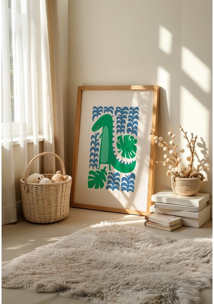 Tropical Dino - Doğal Ahşap Çerçeveli Tablo - Renkli Çocuk Posteri modelleri