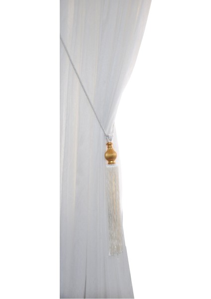 Beyaz Altın Fon Perde Tavan Bağlama | Püsküllü Braçol | Kornişe Takmatik Ipli Perde Aksesuarı