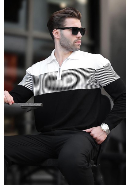 Siyah Renk Bloklu Uzun Kollu Kazak Erkek Fermuarlı Yaka Günlük Stil fiyatları