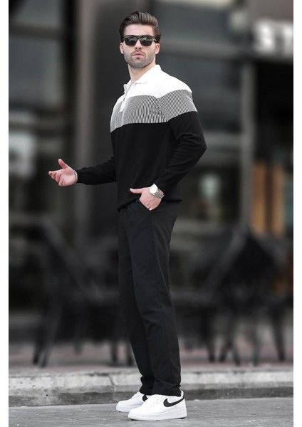 Siyah Renk Bloklu Uzun Kollu Kazak Erkek Fermuarlı Yaka Günlük Stil modelleri