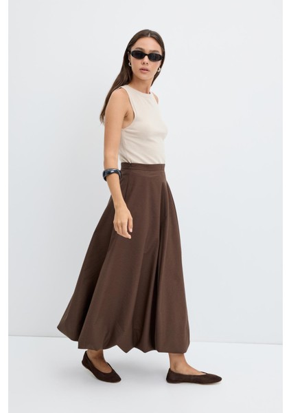 Yüksek Bel Pile Detaylı Balon Etek Kahve