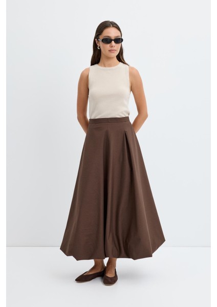 Yüksek Bel Pile Detaylı Balon Etek Kahve indirimleri