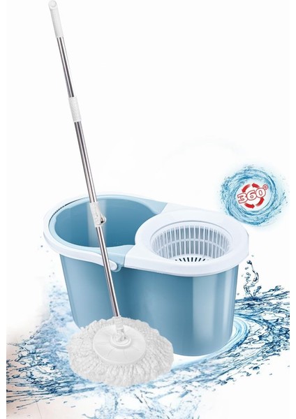 F139 Balerina Otomatik Sıkma Temizlik Seti, Döner Başlıklı Mikrofiber Temizlik Mop Seti Mavi