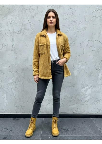 Kadın Slimfit Peluş, Polar, Düğmeli, Teddy Gömlek Yaka, Cepli, Sıcak Tutucu Yumuşak Kışlık Ceket