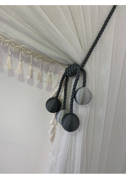 4 Toplu El Sarım Koyugri-Krem Tül Perde Aksesuarı Pamuk Polyester Materyal