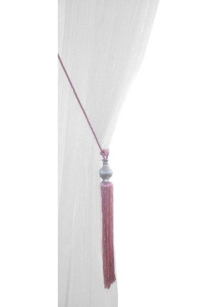 Pembe Gri Fon Perde Tavan Bağlama | Püsküllü Braçol | Kornişe Takmatik Ipli Perde Aksesuarı