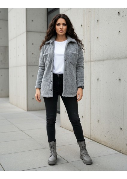 Kadın Slimfit Peluş, Polar, Düğmeli, Teddy Gömlek Yaka, Cepli, Sıcak Tutucu Yumuşak Kışlık Ceket