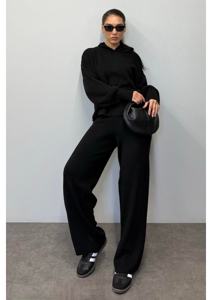 Siyah Kapüşonlu Triko Kadın Eşofman Takımı MG2237