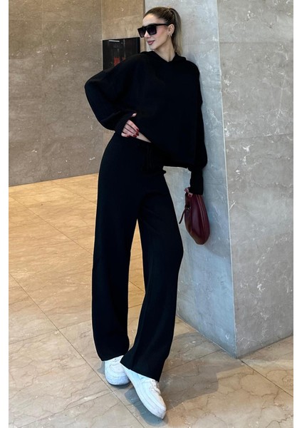 Siyah Kapüşonlu Triko Kadın Eşofman Takımı MG2237 indirimleri