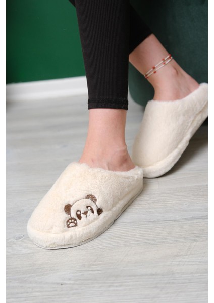 Panda Nakışlı Kadın Ev Terliği Peluş Terlik Çeyiz ve Bohça Terliği Ses Yapmaz Kalın Taban fiyatları
