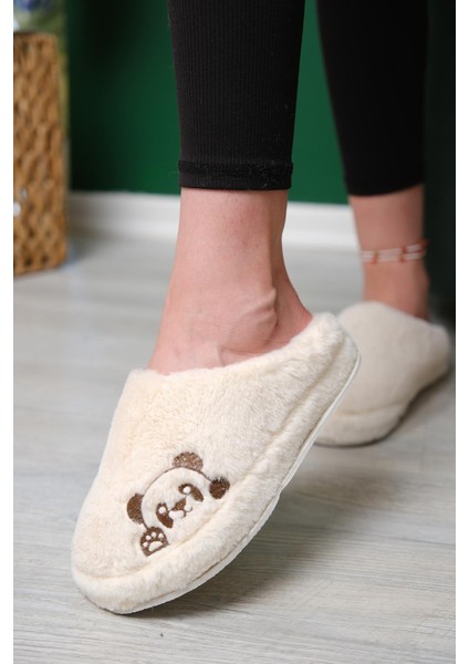 Panda Nakışlı Kadın Ev Terliği Peluş Terlik Çeyiz ve Bohça Terliği Ses Yapmaz Kalın Taban fırsatları