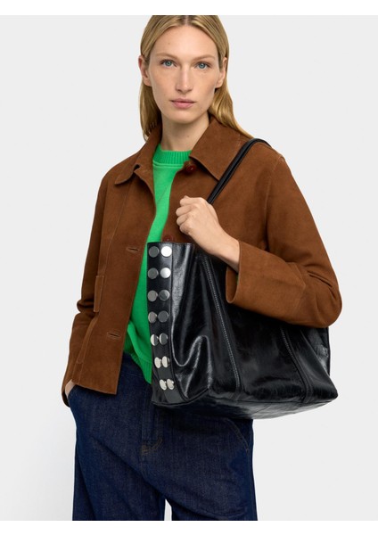 Zımba Detaylı Süet Deri Shopper Çanta