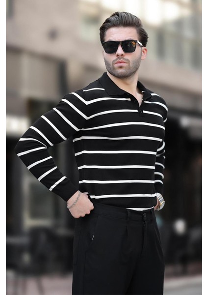 Siyah Düğmeli Polo Yaka Çizgili Uzun Kollu Kazak 7263