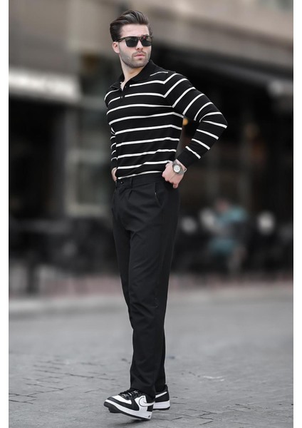 Siyah Düğmeli Polo Yaka Çizgili Uzun Kollu Kazak 7263 fiyatları