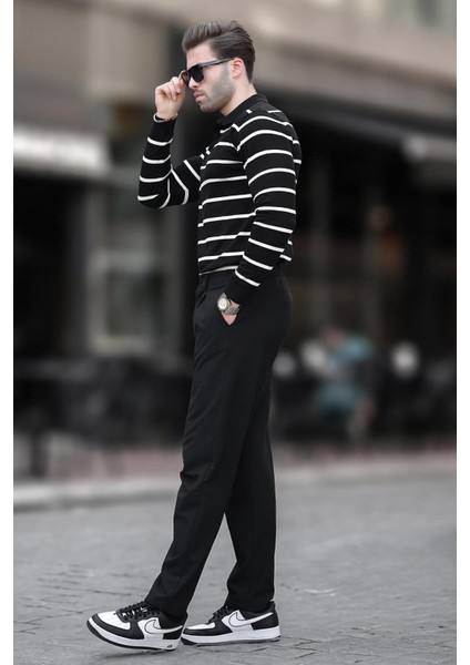 Siyah Düğmeli Polo Yaka Çizgili Uzun Kollu Kazak 7263 modelleri