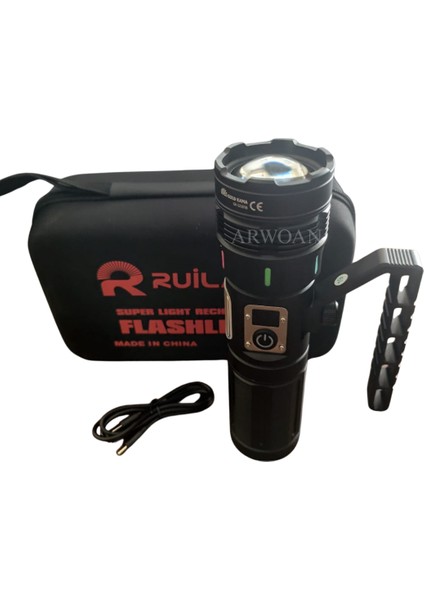 10000 Lümen LED Işık Zoom Özellikli Powerbank & USB Girişli Su Geçirmez Taktik Fener Kamp, Av, Acil Durum