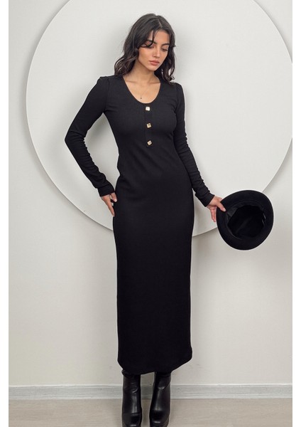 Mira Kadın Uzun Kollu V Yaka Düğmeli Siyah Slim Fit Triko Elbise
