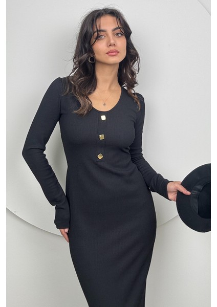 Mira Kadın Uzun Kollu V Yaka Düğmeli Siyah Slim Fit Triko Elbise fiyatları