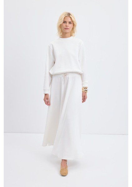 Yüksek Bel Bağcıklı Geniş Form Kloş Etek Ekru