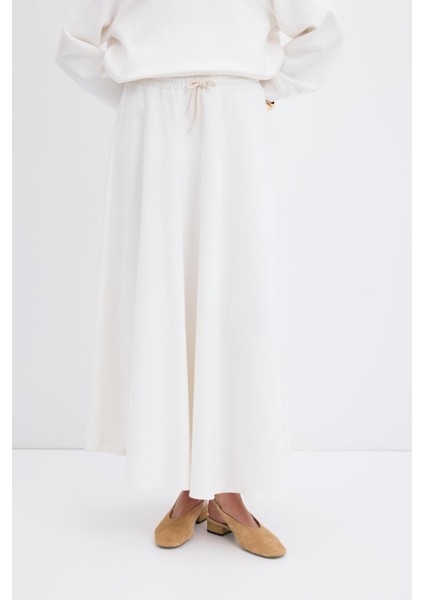 Yüksek Bel Bağcıklı Geniş Form Kloş Etek Ekru modelleri