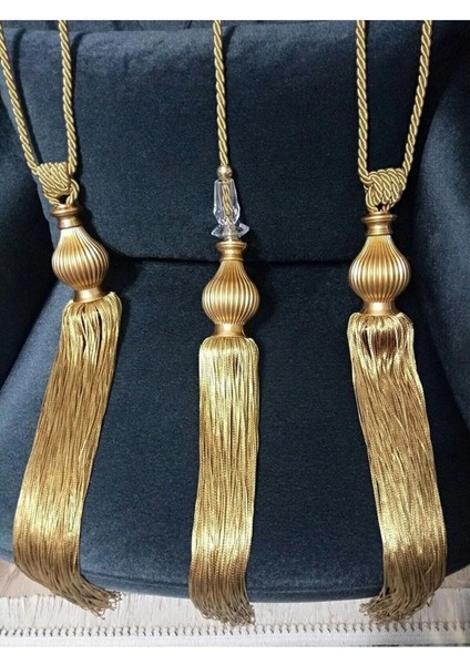Fon Perde Tavan Bağlama Püsküllü Braçol Set (Gold Renk)