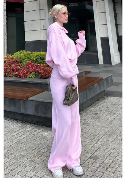 Pembe Kapüşonlu Triko Kadın Eşofman Takımı MG2237 indirimleri