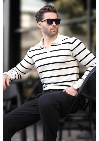 Kadın Uzun Kollu Beyaz Düğmeli Polo Yaka Çizgili Kazak Günlük Tarz 7263