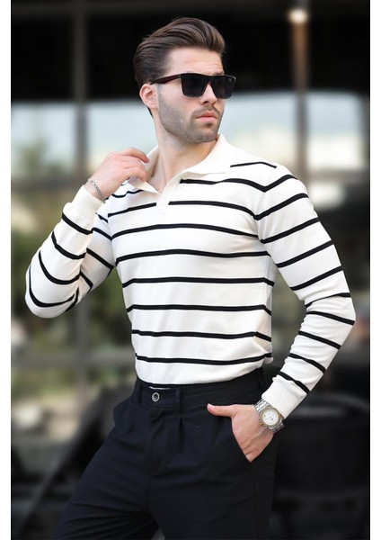 Kadın Uzun Kollu Beyaz Düğmeli Polo Yaka Çizgili Kazak Günlük Tarz 7263 fiyatları