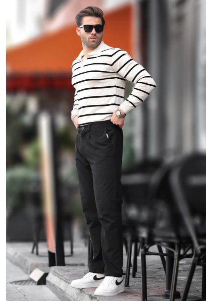 Kadın Uzun Kollu Beyaz Düğmeli Polo Yaka Çizgili Kazak Günlük Tarz 7263 modelleri