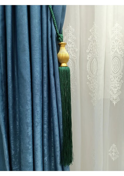 Fon Perde Tavan Bağlama Püsküllü Braçol Kornişe Takmatik Ipli Tavan Perde Aksesuar Yeşil-Altın