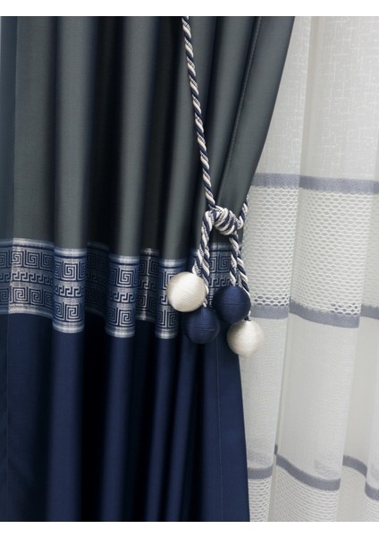 Modern Sarım 4 Toplu Braçol Kornişe Takmatik Ipli Tavan Perde Aksesuarı Lacivert&krem