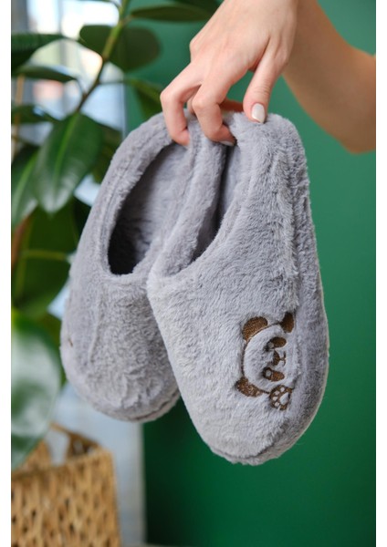 Panda Nakışlı Kadın Ev Terliği Peluş Terlik Çeyiz ve Bohça Terliği Ses Yapmaz Kalın Taban