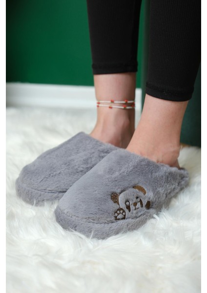 Panda Nakışlı Kadın Ev Terliği Peluş Terlik Çeyiz ve Bohça Terliği Ses Yapmaz Kalın Taban fırsatları