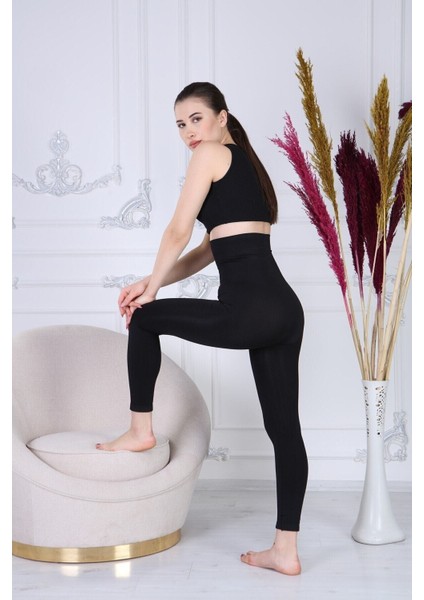 Iki Beden Extra Yüksek Bel Lazer Kesim Siyah Korse Tayt