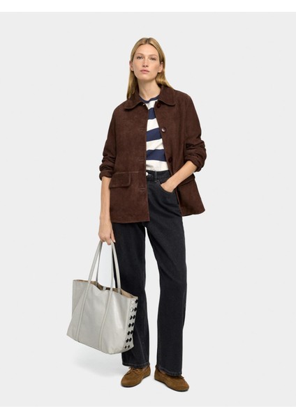 Zımba Detaylı Süet Deri Shopper Çanta