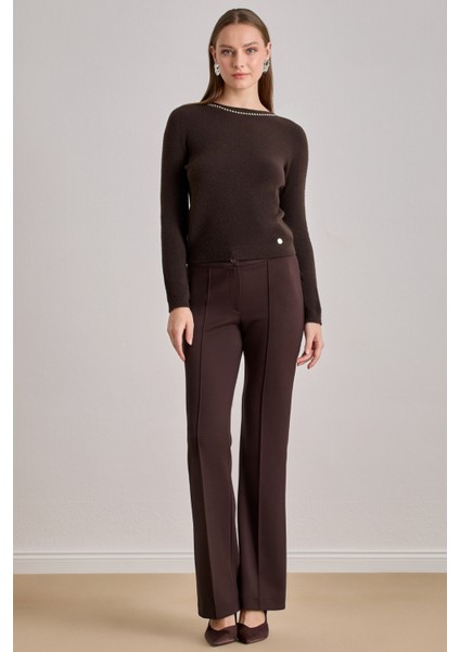 Yüksek Bel Kahverengi Örme Pantolon
