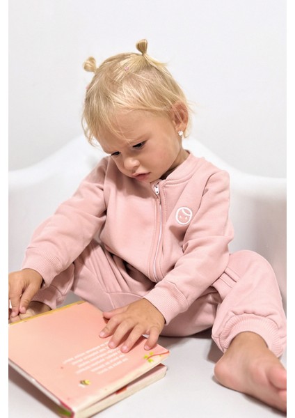 Organik Pamuklu İçi Tüylü Pembe Fermuarlı Bebek Tulumu