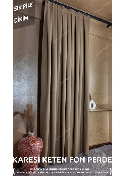 Keten Fon Perde- Kum Beji Renk Sık Pileli Fon Perde-Karesi Kumaş Keten Fon Perde