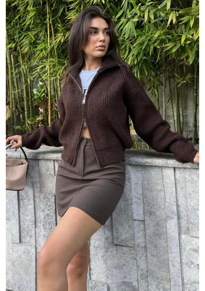 Kahverengi Çift Fermuarlı Kadın Triko Hırka MG2532 fırsatları
