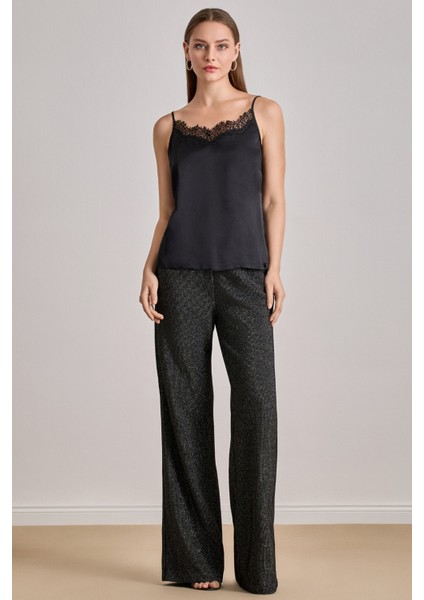 Yandan Cepli Siyah Simli Pantolon