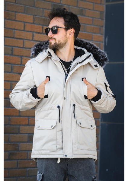 Remo Içi Kürklü Kapüşonlu Kanvas Uzun Kaban Parka