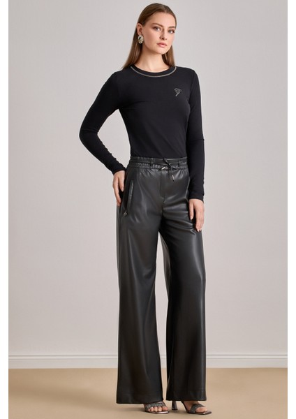 Bol Kesim Siyah Deri Pantolon
