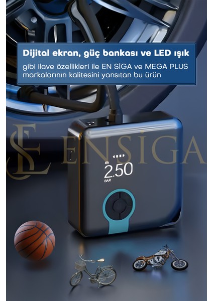 Mega Plus Taşınabilir Araba Hava Kompresörü 25 L/dk 150 PSI 120W, Dijital Ekranlı LED Işıklı ve Powerbank Özellikli